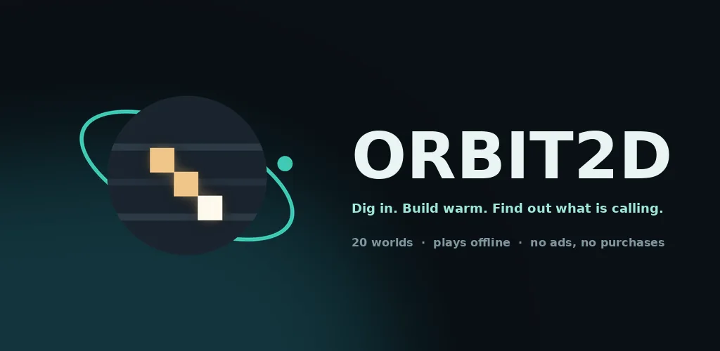Orbit2D: a dark banded world with three lit steps dug into it and a teal orbit arc