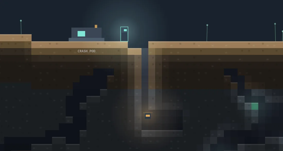 Orbit2D gameplay: the crash pod on a frozen surface with a shaft already dug down to a lamp-lit gallery below