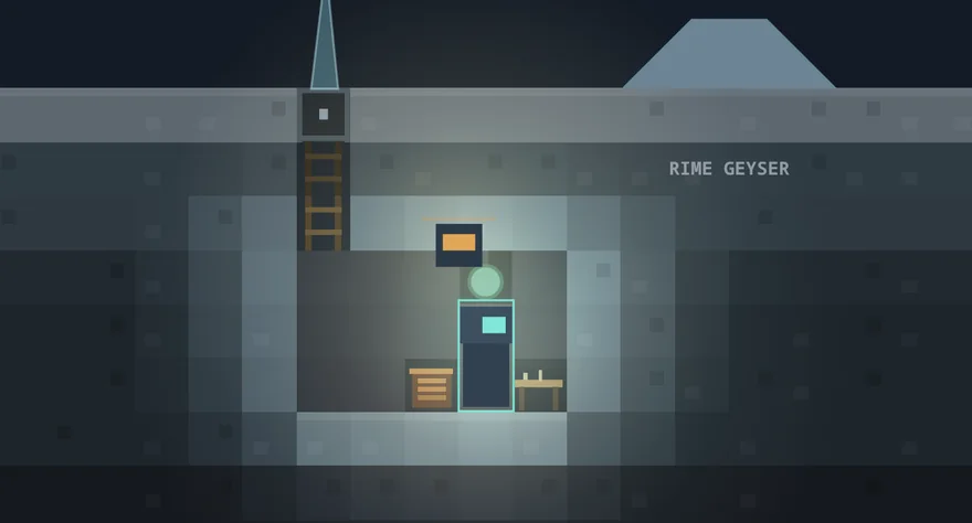 A sealed, lit and heated underground room in Orbit2D, with a ladder shaft and a hatch to the frozen surface